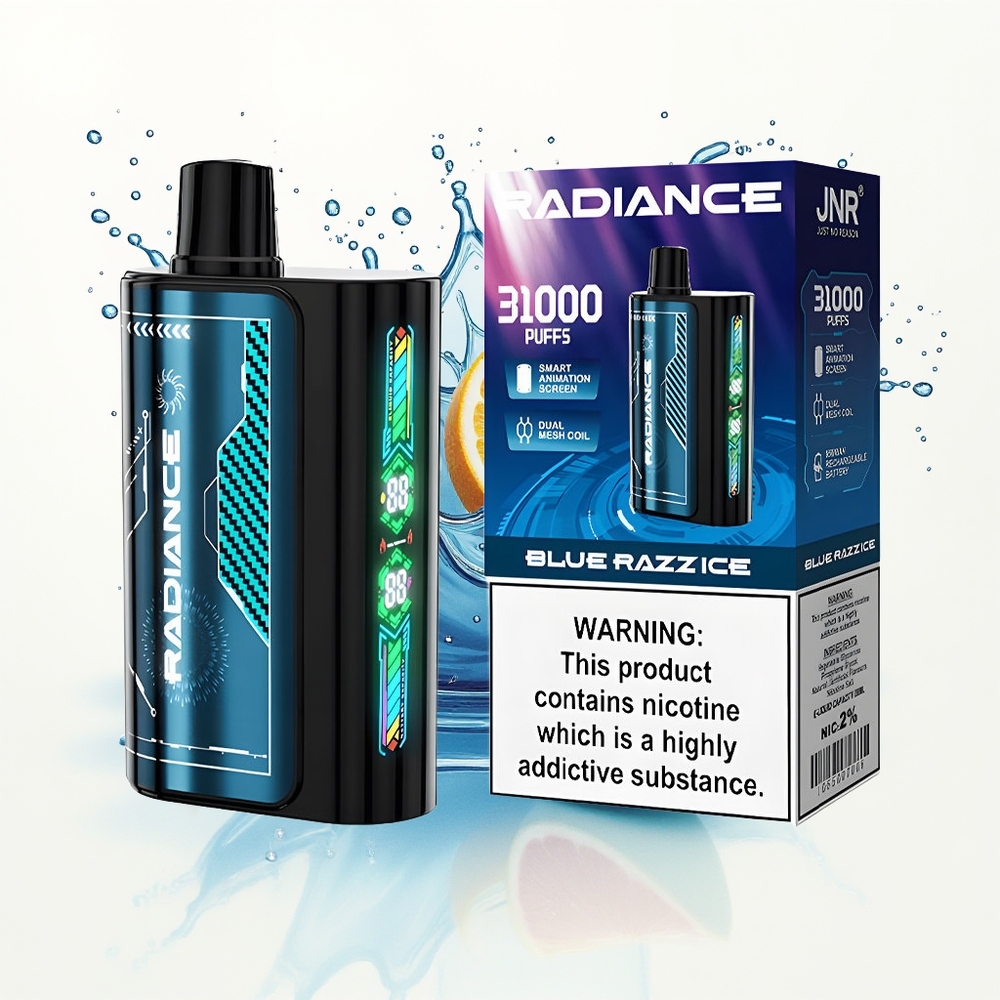 JNR Radiance 31000 Błękitna Malina Lód z Ekranem Animowanym i Podwójną Siatkową Cewką